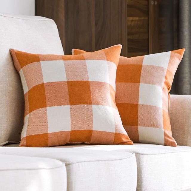 MIULEE Pack of 2 Fall Decorative Classic Retro Checkers Plaids Throw Pillow Covers Polyester Linen Soft Soild Pillow Case Orange Cushion Case for Sofa Bedroom Car 18 x 18 Inch 45 x 45 cm