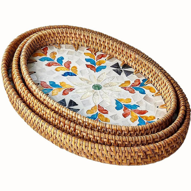 i-lan 3-Pack Oval Rattan Serving Trays with Mother of Pearl Inlay, 13/12/11 Inch Woven Platters for Home Decor, Coffee Table, Display, and Entertaining