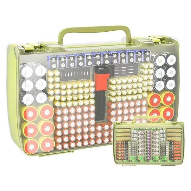 Aptbyte Battery Organizer Storage Holder Box Case with Tester- 269 Batteries Double-Sided Variety Pack, Holds AA AAA 4A C D Cell 9V 3V Lithium LR44 CR2 CR123 CR1632 18650 Button- Green (Box Only)