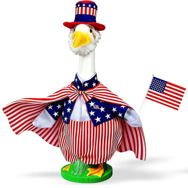 Terreva Uncle Sam Porch Goose Outfit for 23" Cement Goose, 6 Pcs 4th of July Patriotic Goose Clothes with Tall Hat, White Beard, Flag, Striped Cape, Patriotic Lawn Yard Decor for Independence Day