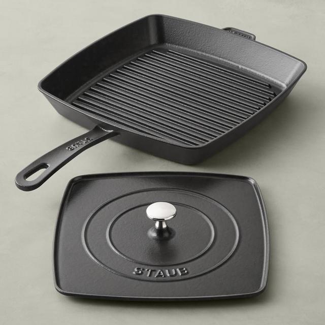 Staub Cast-Iron Grill Pan & Press, 12", Black