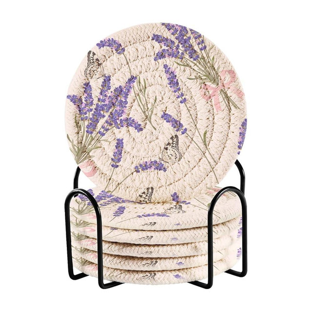 Msyxl Beautiful Purple Lavender Drink Coasters Set - 6 Pcs Minimalist Woven Coasters with Holder for Home Decor, 3.94 Inch Absorbent Coasters for Drinks