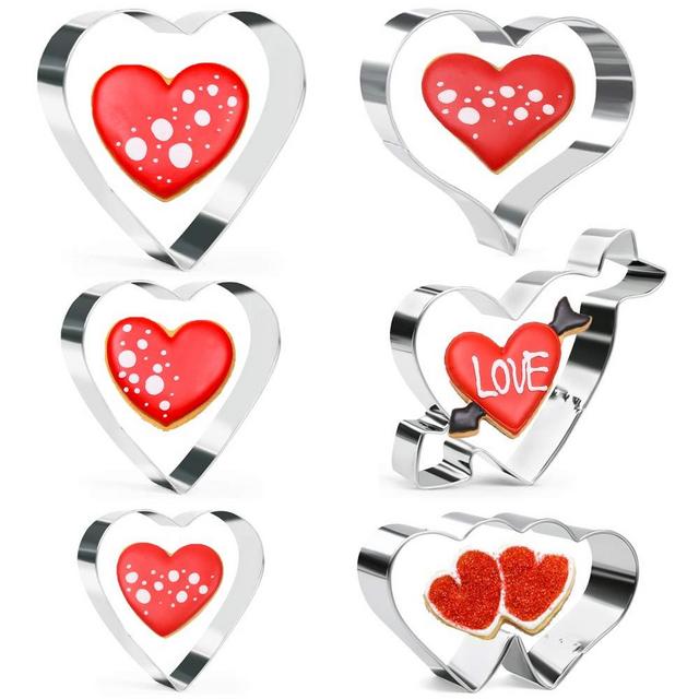 KAISHANE Heart Cookie Cutter Set 6 Pieces Valentine's Day Biscuit Cutter Stainless Steel Birthday Wedding Fondant Cutters for Baking