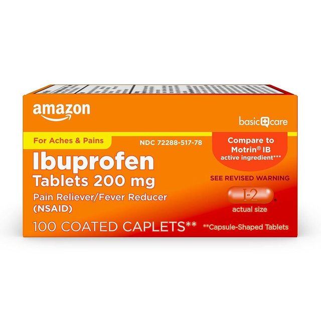 Amazon Basic Care Ibuprofen Tablets, 200 mg, Pain Reliever and Fever Reducer, For Arthritis, Toothache, Backache and More, 100 Count
