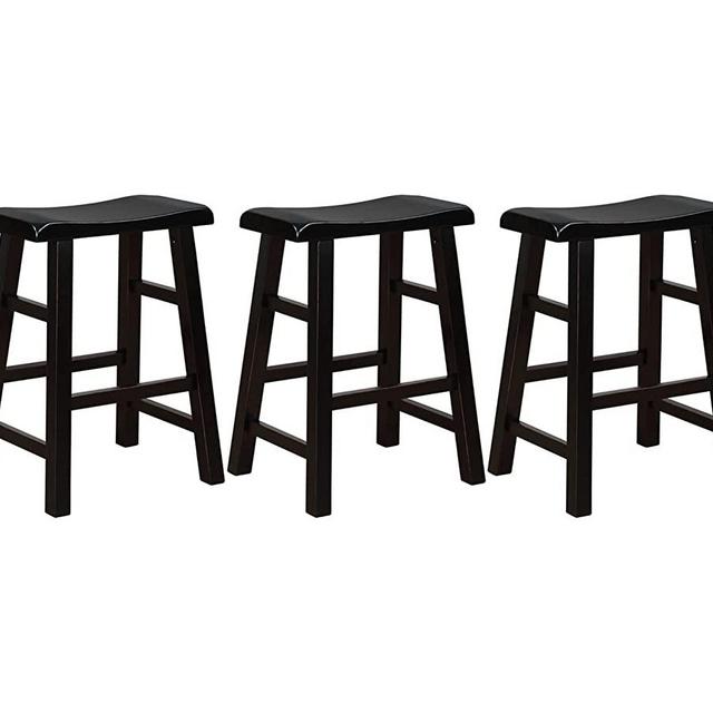 eHemco 24" Heavy-Duty Solid Wood Saddle Seat Kitchen Counter Height Barstools, Antique Black with Red Edging, Set of 3