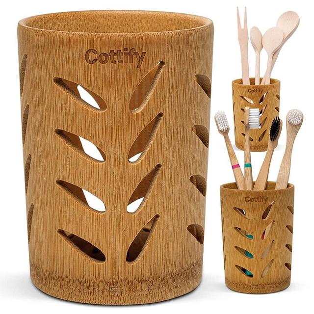 Cottify Bamboo Toothbrush Holder for Bathroom, Toothbrush Cup with Drainage, Quick Drying Bathroom Cup 360˚ airflow Toothpaste Holder for Bathroom, Bathroom Cup Holder Toothbrush Drainer, Leaves Matte