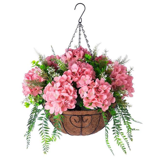 Ammyoo Artificial Flowers in Hanging Basket Planter for Home Spring Decoration, Silk Hydrangea Outdoor Indoor Arrangements, 12" Metal Coconut Lining Basket with Faux Plant(Champagne)
