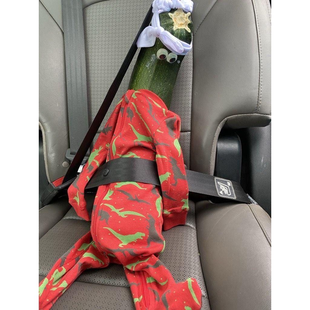 Safety first! We didn't put Zoe Zucchini in a car seat because, well, it's a piece of produce and not a human child.