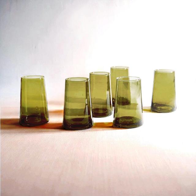 Large Olive Cone Moroccan Beldi Colored Drinking Glasses Recycled Glass Tumblers for Sustainable Living colored Midcentury Barware