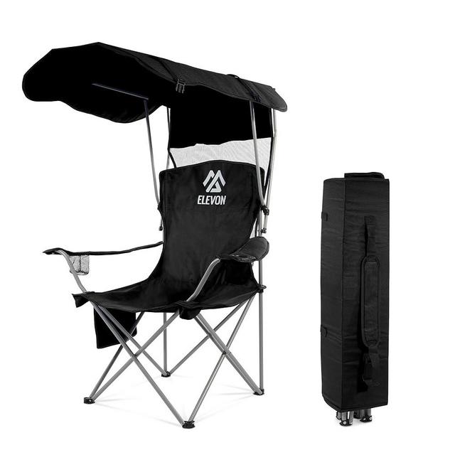 Elevon Camping Chair, Oversized Folding Chair with Canopy, Portable Outdoor Chair with Arms, Cup Holder and Carry Bag for Camping, Fishing, Beach, and Sports, Black