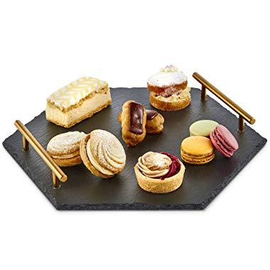 VonShef Natural Slate Cheese Tapas Serving Tray with Brushed Gold Stainless Steel Handles 12 x 13.8 Inches