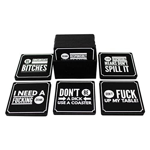 Summit One Funny Coasters for Drinks, Set of 10 (4 x 4 Inch, 5mm Thick) Premium Absorbent Felt Drink Coasters with Hilarious Quotes - Home Decor Gag Gifts for Women, Men - With Coaster Holder