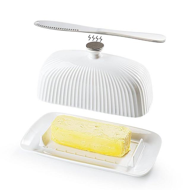 Getstar Ceramic Butter Dish with Lid and Stainless Steel Knife for Countertop, with Magnet to Attract Knife, Fit West East Coast Butter (White)