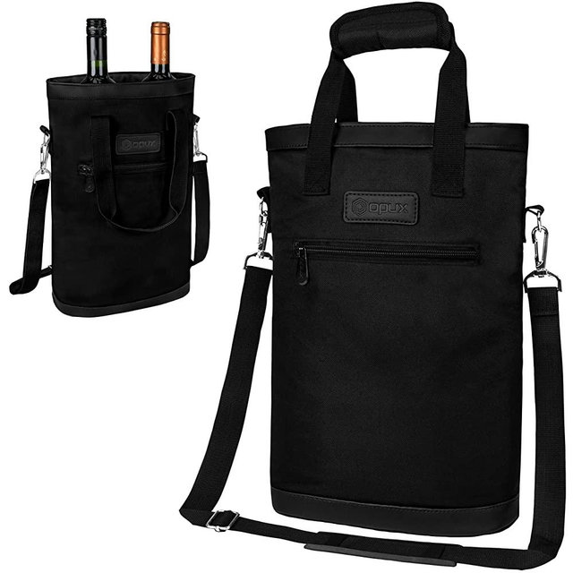 OPUX 2 Bottle Wine Bag Carrier Tote | Leakproof Insulated Wine Cooler Bag for Travel BYOB Picnic | Padded Portable Wine Bag with Pocket for Dinner Party Christmas Gift for Wine Lovers, Women Men Black