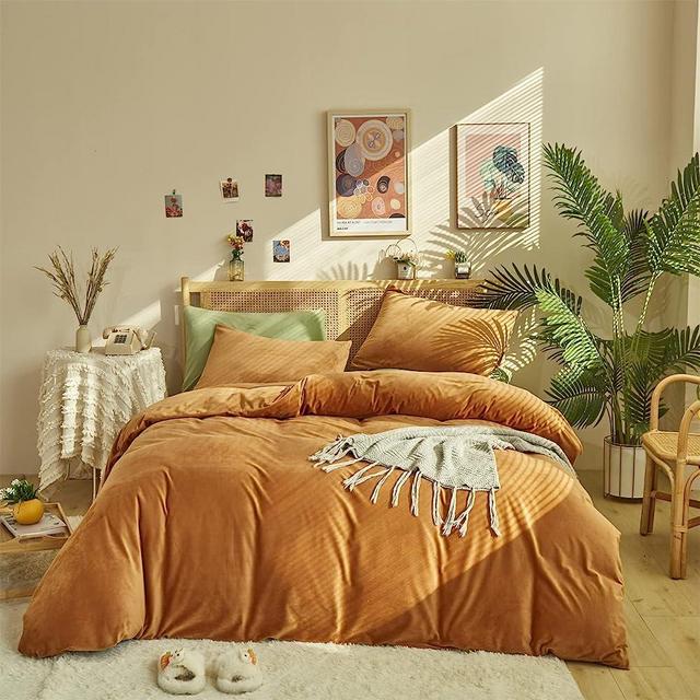 Wellboo Pumpkin Velvet Duvet Cover King Size Women Men Burnt Orange Fluffy Bedding Cover Modern Solid Light Caramel Flannel Quilt Covers Plain Cinnamon Micromink Sherpa Fuzzy Comforter Covers Plush