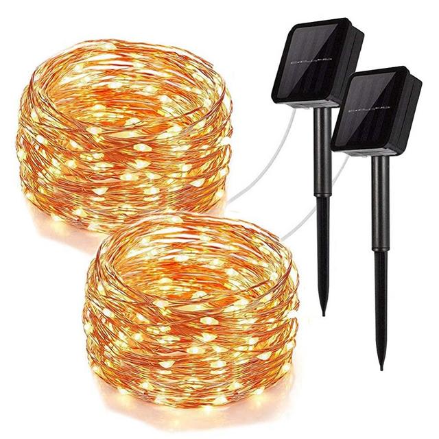 Solar String Lights, 100LED Copper Wire Solar Fairy Lights 33Ft 8 Modes Waterproof Outdoor String Lights for Christmas Party Wedding Decoration Patio Garden Yard Indoor Bedroom Warm White 2 Pack