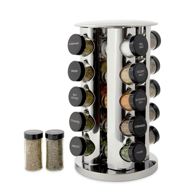 Kamenstein 20 Jar Revolving Countertop Spice Rack with Spices Included, FREE Spice Refills for 5 Years, Polished Stainless Steel with Black Caps