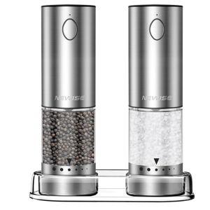 Newise Electric Salt and Pepper Grinder Set - Birthday Kitchen Gifts for Women, Mom, Rechargeable with LED Lights, Stainless Steel Automatic Mill, Adjustable Coarseness, Large Capacity, Silver