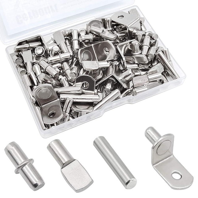 104Pcs Shelf Pins Kit,4 Styles Nickel Plated Shelf Support Pegs,Bookshelf Pegs for Shelves,Cabinet Shelf Bracket Pegs Shelf Pins Holders for Kitchen Furniture & Closet ( 5mm & 1/4inch )