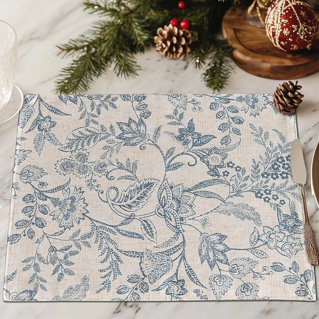JINCHAN Linen Floral Fall Placemats Set of 4 Cloth Table Mats Rustic Cottagecore Botanical Outdoor Seasonal for Kitchen Dining Home Decor Holiday Non-Slip Washable Tablemats 13x19 Inch Blue