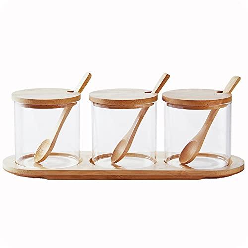 HONGCHU Seasoning Box，Condiment Pots，Glass Condiments Container Condiment Jars with Spoons Container for Spice Salt Sugar Cruet 3P