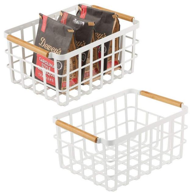 mDesign Farmhouse Decor Metal Wire Food Organizer Storage Bin Baskets with Bamboo Handles for Kitchen Cabinets/Pantry - Store Fruit, Coffee, Spices, Pasta, Baking Supplies, 2 Pack - Matte White/Bamboo