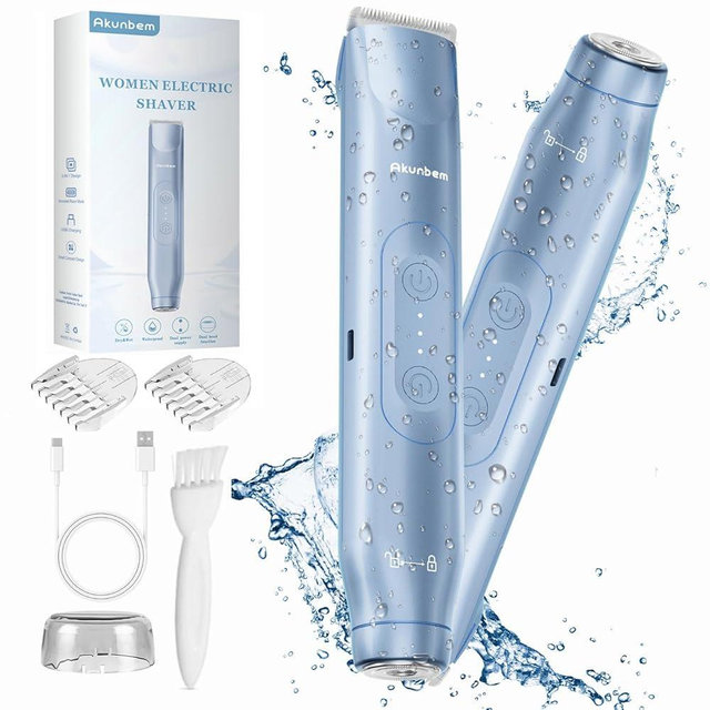 Akunbem Bikini Trimmer for Women - 2 in 1 Electric Razors for Women - Dual Head Electric Shaver - IPX7 Waterproof Wet & Dry Use Body Hair Trimmer and Facial Hair Remover for Bikini Underarm Leg Arm