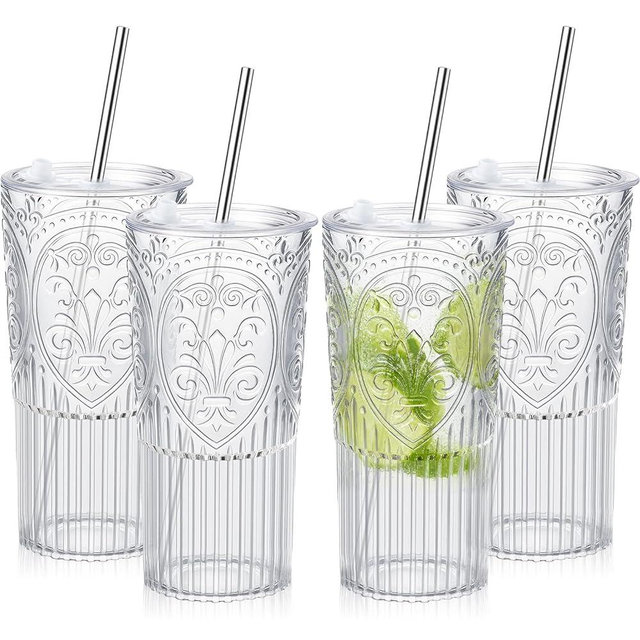 Acellegic 4 Set 20oz Vintage Plastic Tumbler with Lids and Straws Ribbed Floral Drinking Glasses Reusable Iced Coffee Cups for Water Juice Smoothie Cocktail Travel Party Events Gift (Clear)