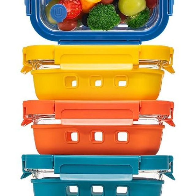 GENICOOK 2.7 CUP Glass Food Storage Containers with Glass Lids,5 Pack-Aitight Meal Prep Container Set with Silicone Sleeve, BPA-Free, Dishwasher, Microwave, and Freezer Safe