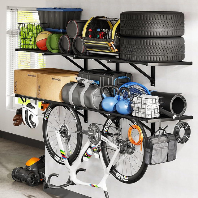 FLEXIMOUNTS 2-Pack 2x6ft Heavy Duty Garage Wall Shelving, 800lbs Capacity, Garage Shelving Wall Mounted with 8 Hooks, Storage for Power Tools, Garden Supplies, Storage Bins, Lite Series
