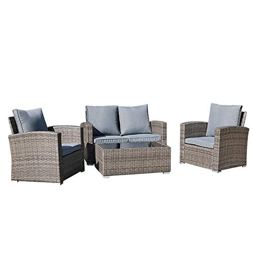 JOIVI Patio Furniture Set, 5 Piece PE Rattan Sectional Outdoor Conversation Sofa Set with Tempered Glass Coffee Table, Light Gray