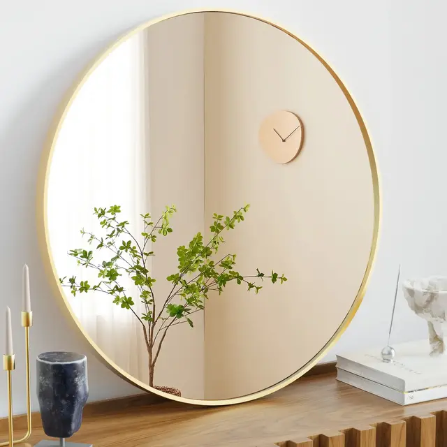 Bestier Round Mirror for Wall Decor, 24" Wall Mounted Circle Vanity Mirrors with Gold Frame, Modern Decoration for Bathroom, Living Room, Entryway