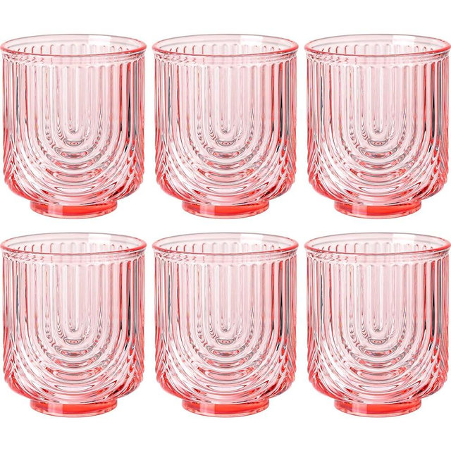 TrophyToast Pink Vintage Drinking Glasses Set of 6-15oz Hand-Blown Highball Ribbed Glassware, Arch Design Cocktail Glasses for Whiskey Water Beverages Ice Coffee Juice Milk