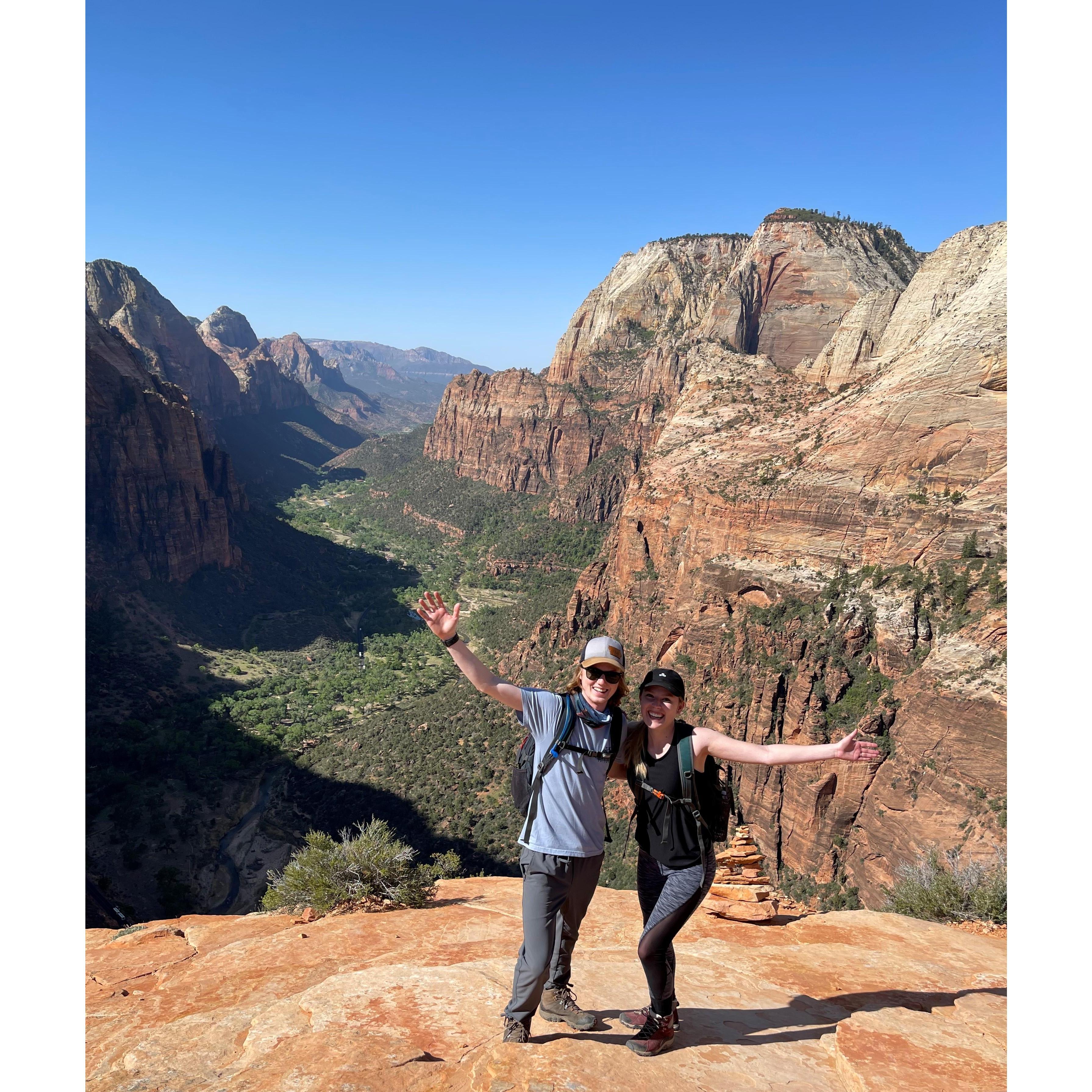 Celebrating after making the climb to the top of Angels Landing in Zion National Park.