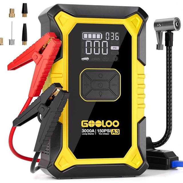 GOOLOO A3 Jump Starter with Air Compressor, 3000A Portable Car Battery Jumper Starter (9.0 Gas/6.5L Diesel) with 150PSI Auto-Shutoff Tire Inflator, 12V Supersafe Lithium Jump Box Car Booster, Yellow