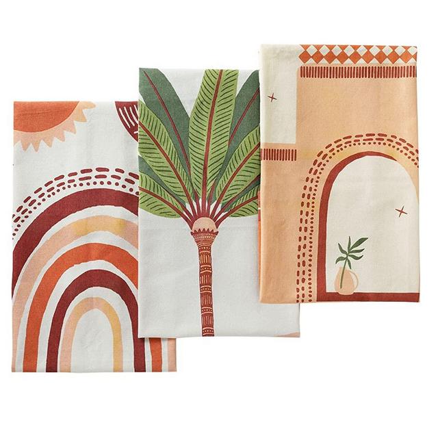 Folkulture Tea Towels or Kitchen Towels with Hanging Loop, 20 X 26 Inches Boho Dish Towels, 100% Cotton and Modern Dish Towels, Flour Sack Hand Towel for Farmhouse Kitchen Décor, Set of 3, Desert