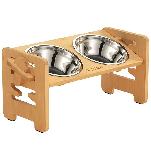 Vantic Elevated Dog Bowls - Adjustable Raised Dog Bowls for Large Dogs, Medium Dogs and Small Dogs, Durable Bamboo Dog Food Bowl Stand with 2 Stainless Steel Bowls and Non-Slip Feet…