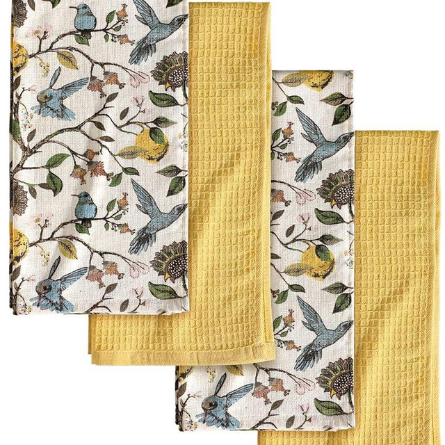 Miss Adola 4pcs Cotton Kitchen Towels - 270 GSM 15x25 Inch Terry Cloths Reusable Dish Cloths for Cleaning Absorbent Soft Hand Tea Towels with Hanging Loop for Housewarming Home Decor, Lemon Bird