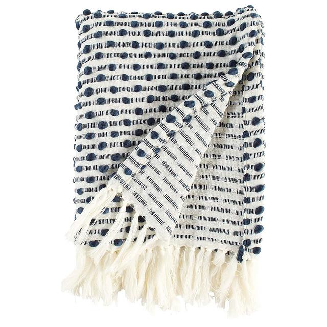 ST-523465 - Rivet Bubble Textured Lightweight Decorative Fringe Throw Blanket, 47.7"W x 60"L, Navy and Cream