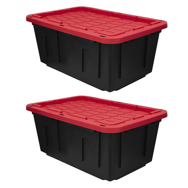 (2-Pack) 27-Gallon Plastic Storage Containers with Snap-On Lids, Black with Red Lids, Industrial-Grade Strength, Stackable and Nestable, Ideal for Home and Industrial Storage.