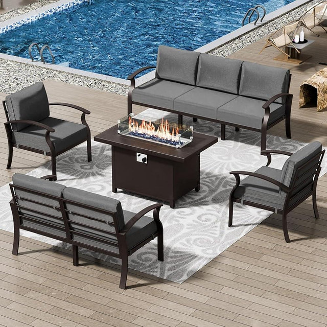 ASJMR Patio Furniture Set 5-Piece Aluminum Armrest Sofa, Modern Outdoor Living Room Set with 55000 BTU Propane Aluminum Fireplace, Outdoor Rotary Joystick with Thick Cushion