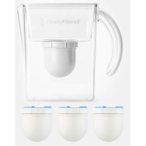 Clearly Filtered Water Filter Pitcher + Three Replacement Filters, Water Filtration System Removes Chlorine, Lead, Mercury, Chromium 6, Fluoride, Arsenic