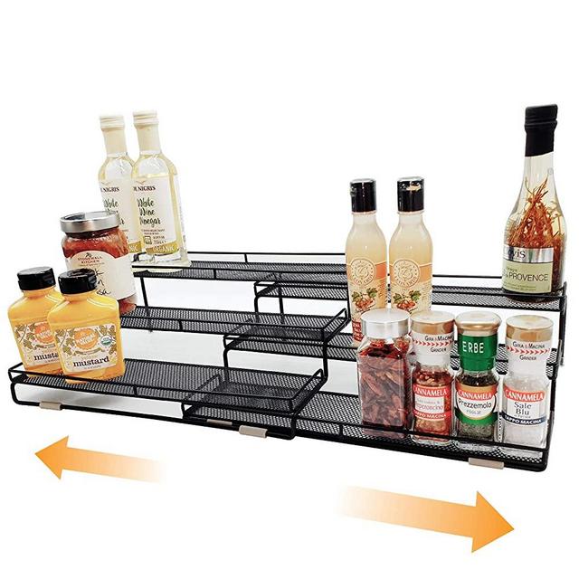 DOTORYDESIGN 3 Tier Wide Expandable Cabinet Spice Rack Organizer (14.5" to 29.1") - Step Shelf with Protection Railing, Black