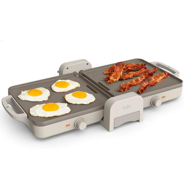Bella 10"x 20" Ceramic Fold-n-Store Dual Temp Griddle, Fits-anywhere Kitchenware, EverGood Ceramic Nonstick Coating, 2 Temperature Zones up to 400°F​, Dishwasher Safe Drip Tray, 1500 Watt, Oatmilk