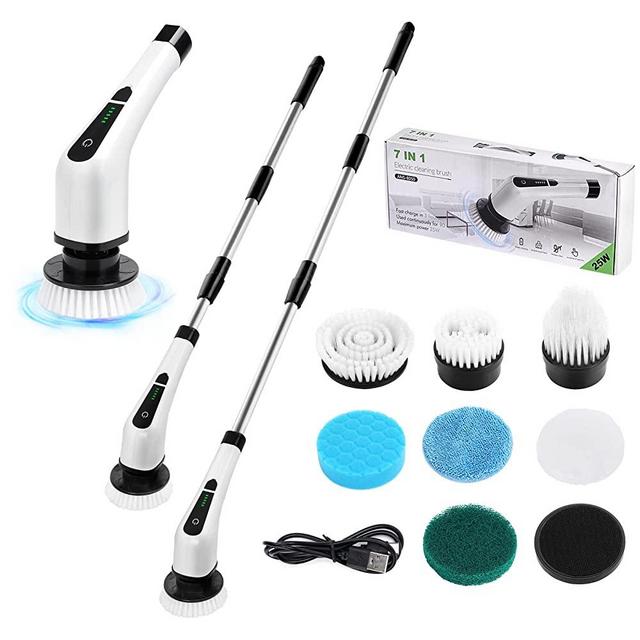 Electric Spin Scrubber, Cordless Bathroom Tub Scrubber with Long Handle & 7 Replaceable Cleaning Heads, Extension as Short Handle, Portable Power Shower Brush Household Cleaning Tools for Tile Floor