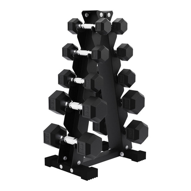 BalanceFrom Fitness Signature Steel Rubber Encased Hex Textured Dumbbell Workout Set with Rack & 5 Pairs of 5, 8, 10, 12, and 15 Pound Weights, Black