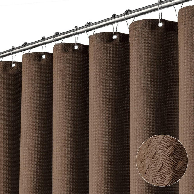 Dynamene Extra Long Shower Curtain - 96 Inch Long Waffle Weave Weighted Thick Cloth Bathroom Shower Curtain, Neutral Heavy Duty Hotel Bath Curtain Set with 12 Plastic Hooks,72x96, Brown