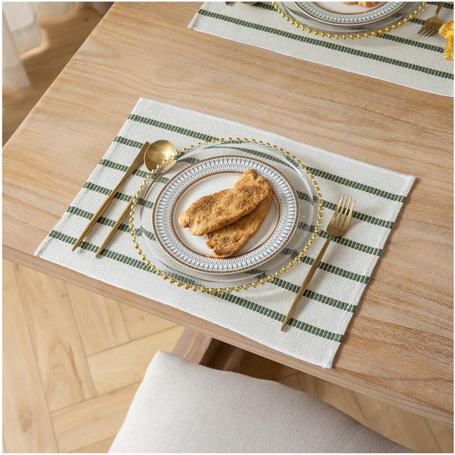 Caflife Boho Farmhouse Placemats Set of 4, Green Beige Stripes Cotton Linen Woven Table Mats for Modern Dining Table, 13x19 Inch Rustic Kitchen Decor Place Mats