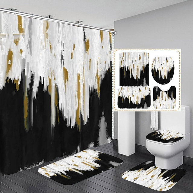 APXPF 4 Pcs Black Bathroom Set Shower Curtain Set with Bathroom Mats Washable Bathroom Mat Set Shower Curtains for Bathroom Decor with Bath Mat U Shape and Toilet Lid Cover Mat