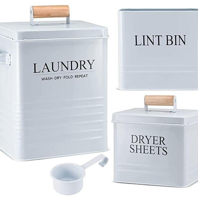 3-in-1 Set for Laundry Room Organization: Laundry Pods Container, Magnetic Lint Bin Trash Can, and Dryer Sheet Holder – Modern Farmhouse Decor for Laundry Room Organization Jars and Storage (White 1)